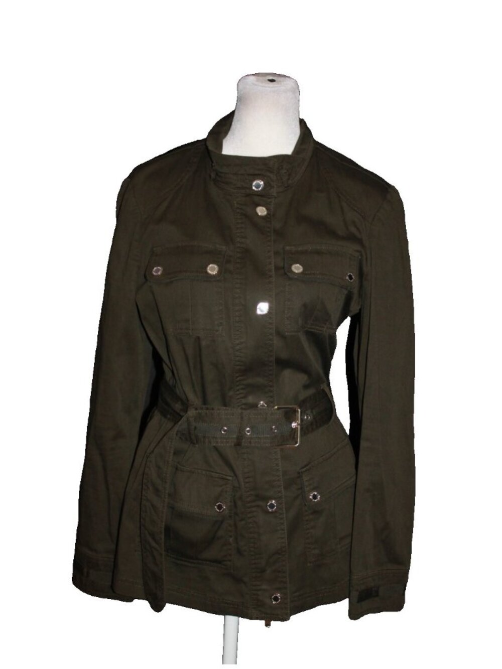 White House Black Market Olive Military Jacket Button Belted Pockets Size 4